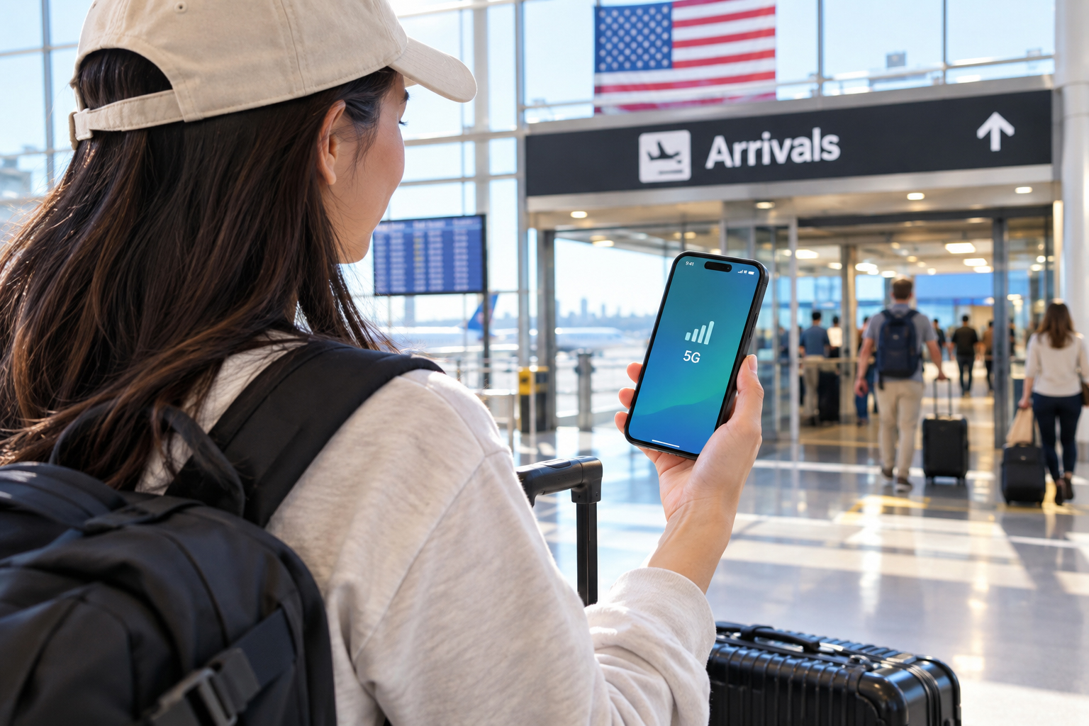 Traveler arriving at a US airport, holding a smartphone with cellular signal visible, luggage in the background.