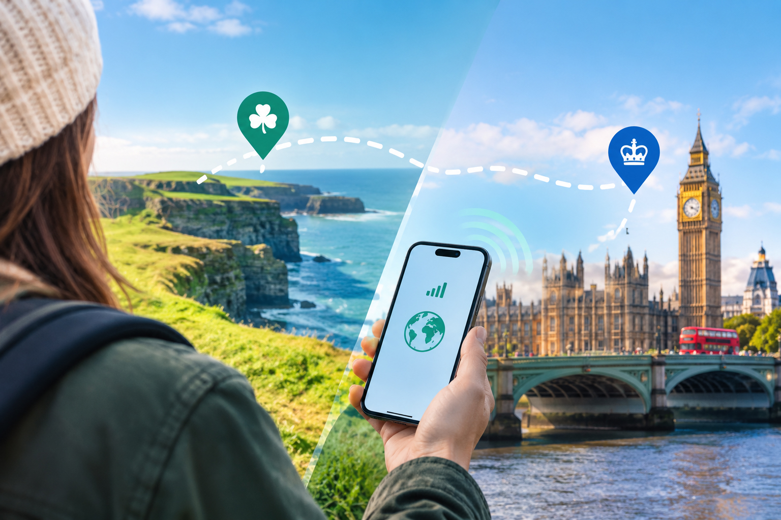 A traveller holding a phone that shows a signal icon, with Irish coastal cliffs on one side and Westminster and Big Ben on the other, joined by a dashed route between a shamrock pin and a crown pin