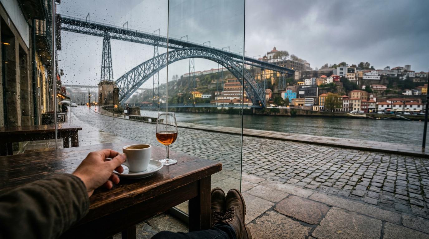 Portoの川沿いのカフェから眺めるDom Luís I Bridgeの雨景色。
