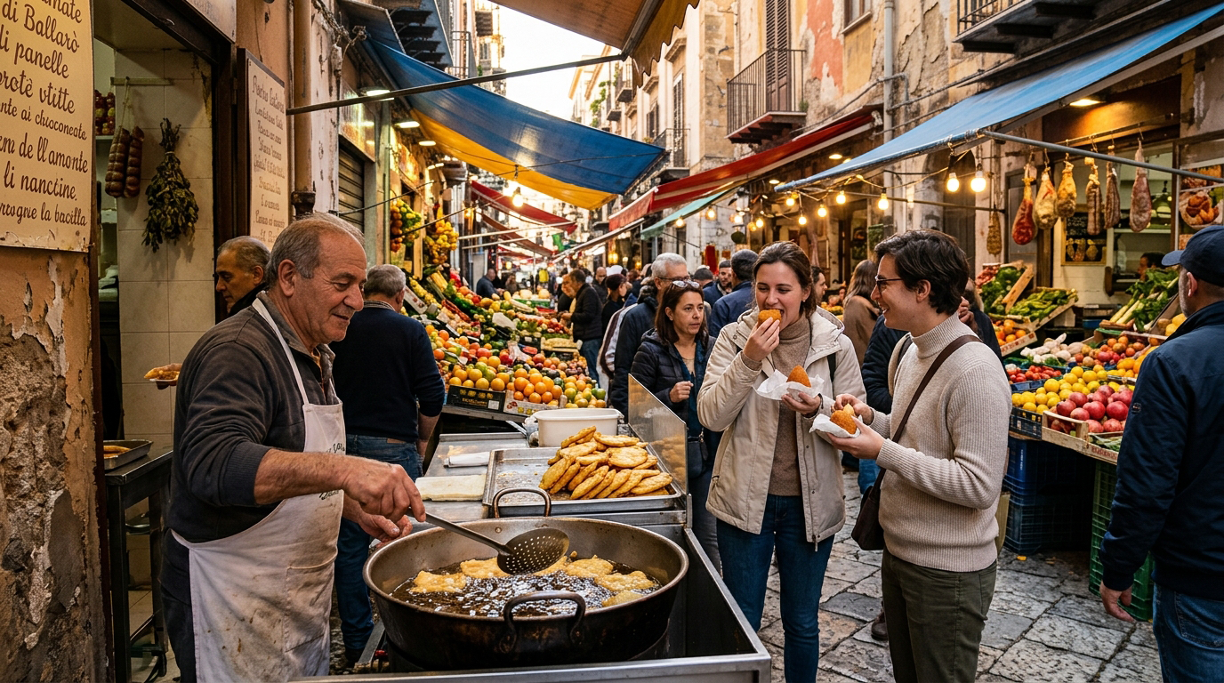 Palermoの賑やかなBallarò市場でストリートフードを食べる観光客。