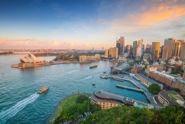 Photo downtown sydney skyline in australia from top view at twilight