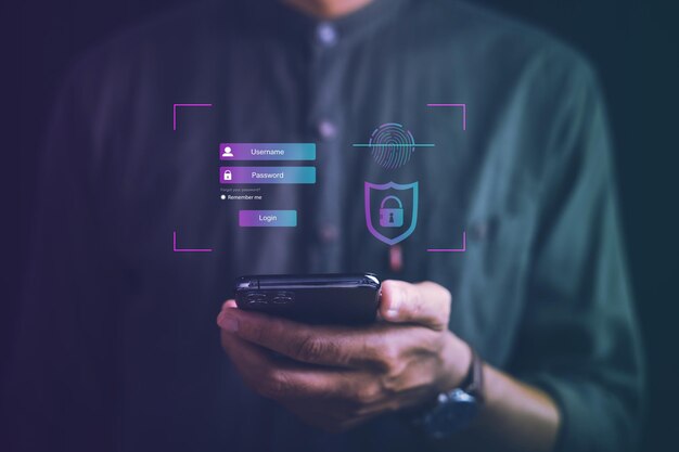 Photo access to personal financial data with futuristic biometric fingerprint scanner on smartphone surveillance and security scanning of digital programs for cyber applications future of secure identity