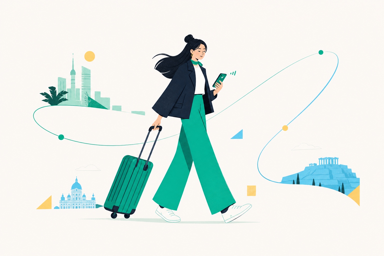 Voyageur vérifiant une connexion eSIM tout en marchant avec une valise entre des destinations internationales