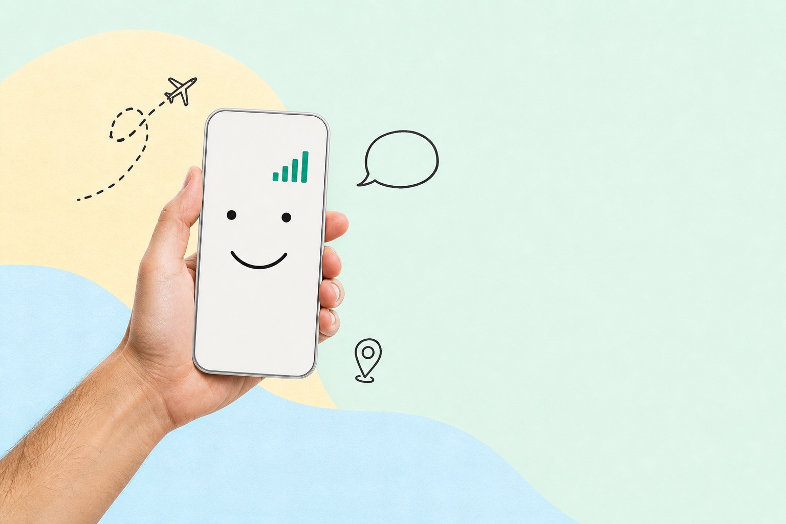 A traveler holding a friendly illustrated phone with travel symbols
