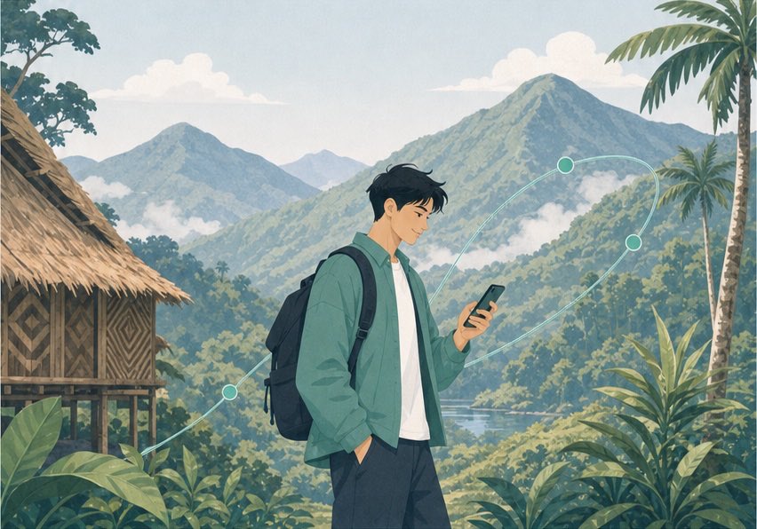 Illustration éditoriale d'un voyageur utilisant ByteSIM en Papouasie-Nouvelle-Guinée