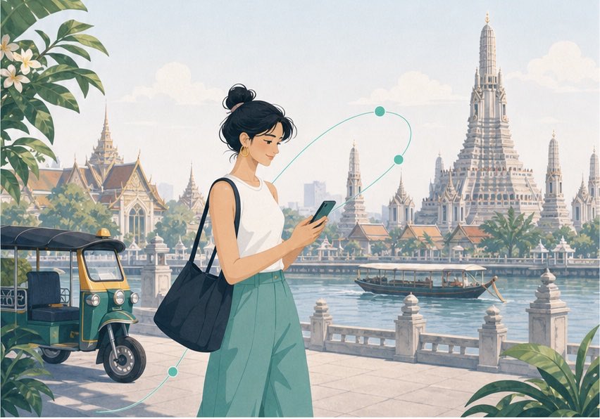Illustration éditoriale d'un voyageur utilisant ByteSIM en Thaïlande