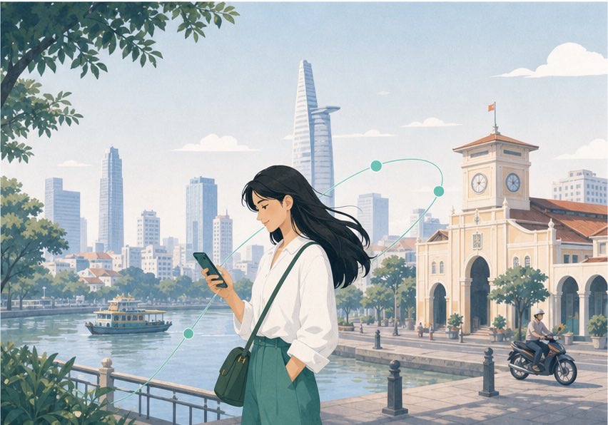 Illustration éditoriale d'un voyageur utilisant ByteSIM à Hô Chi Minh-Ville, au Vietnam