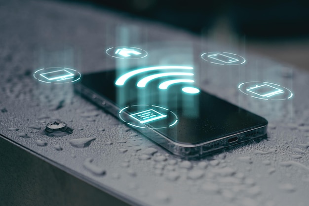 Photo the concept of sharing the internet via wifi via smartphone. projections of computer icons, smart home over the phone.