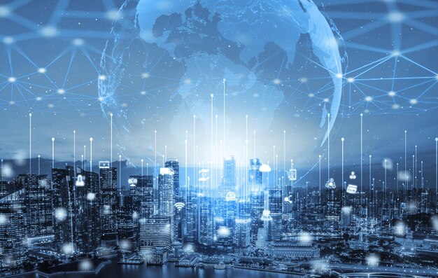 Photo de la communication moderne créative et du réseau Internet connecté dans une ville intelligente