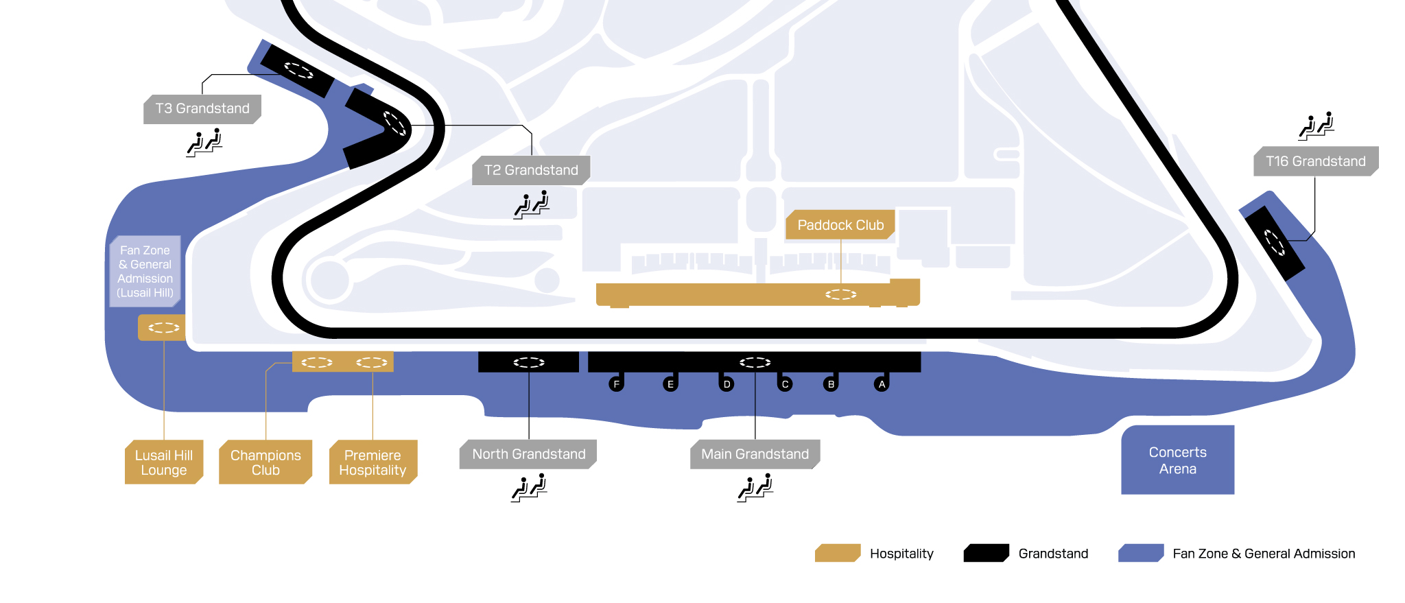 Mapa de asientos de las tribunas y las zonas de entrada general del Circuito Internacional de Lusail para el Gran Premio de Catar