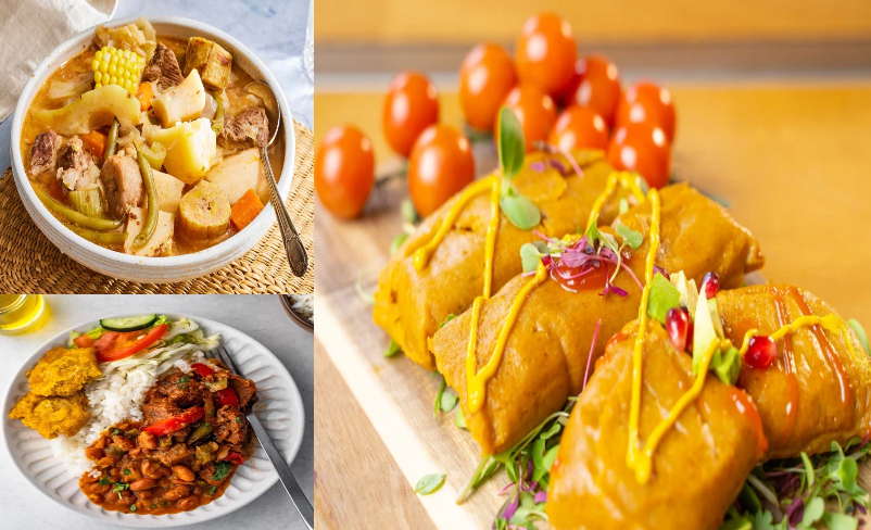 Sancocho (top left), La Bandera (bottom left), and Pasteles en Hoja (right)