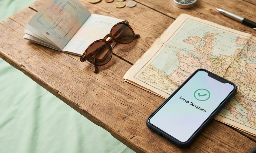 Setting up travel eSIM at home before flight with passport