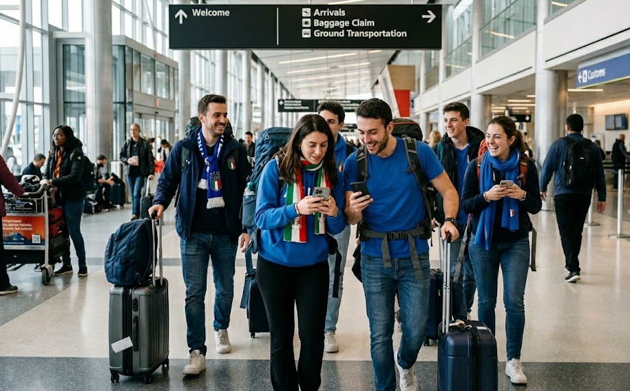 Italian football fans arriving in North America for the 2026 World Cup using smartphones at airport with luggage and travel gear