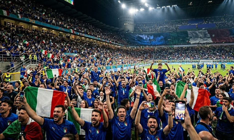 Italian football fans recording match highlights on smartphones inside packed stadium during 2026 World Cup celebration