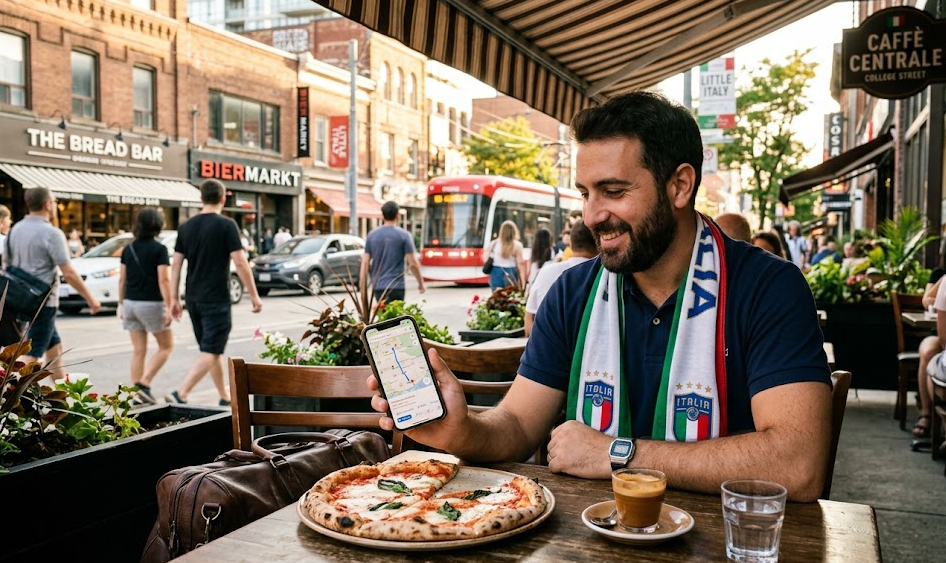 Italian traveler using Google Maps on smartphone while having espresso and pizza at café during World Cup trip in North America