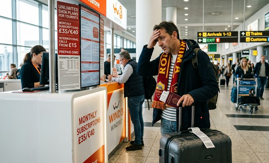 Tired Italian traveler buying SIM card at airport mobile store after international flight during World Cup travel in North America