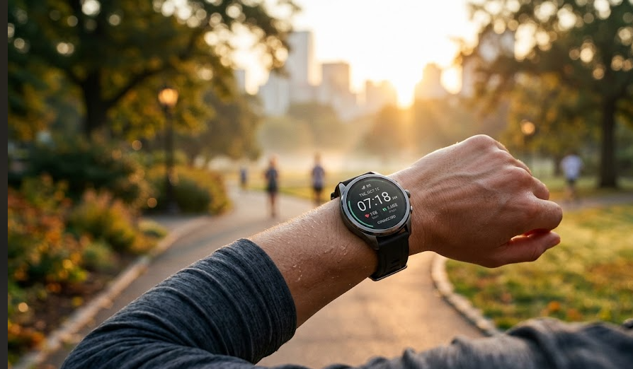 Sunrise Jogger wearing a Huawei Smartwatch
