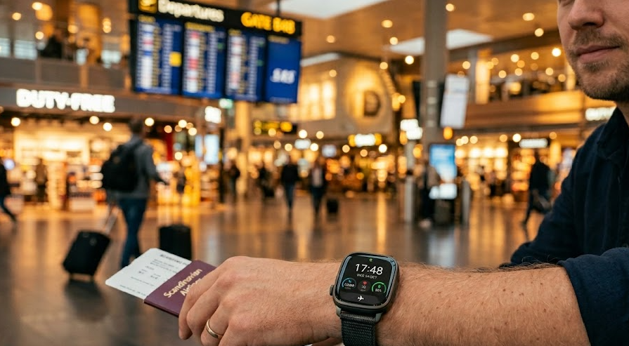 A traveler wearing an OPPO Watch with eSIM capability at an international airport.