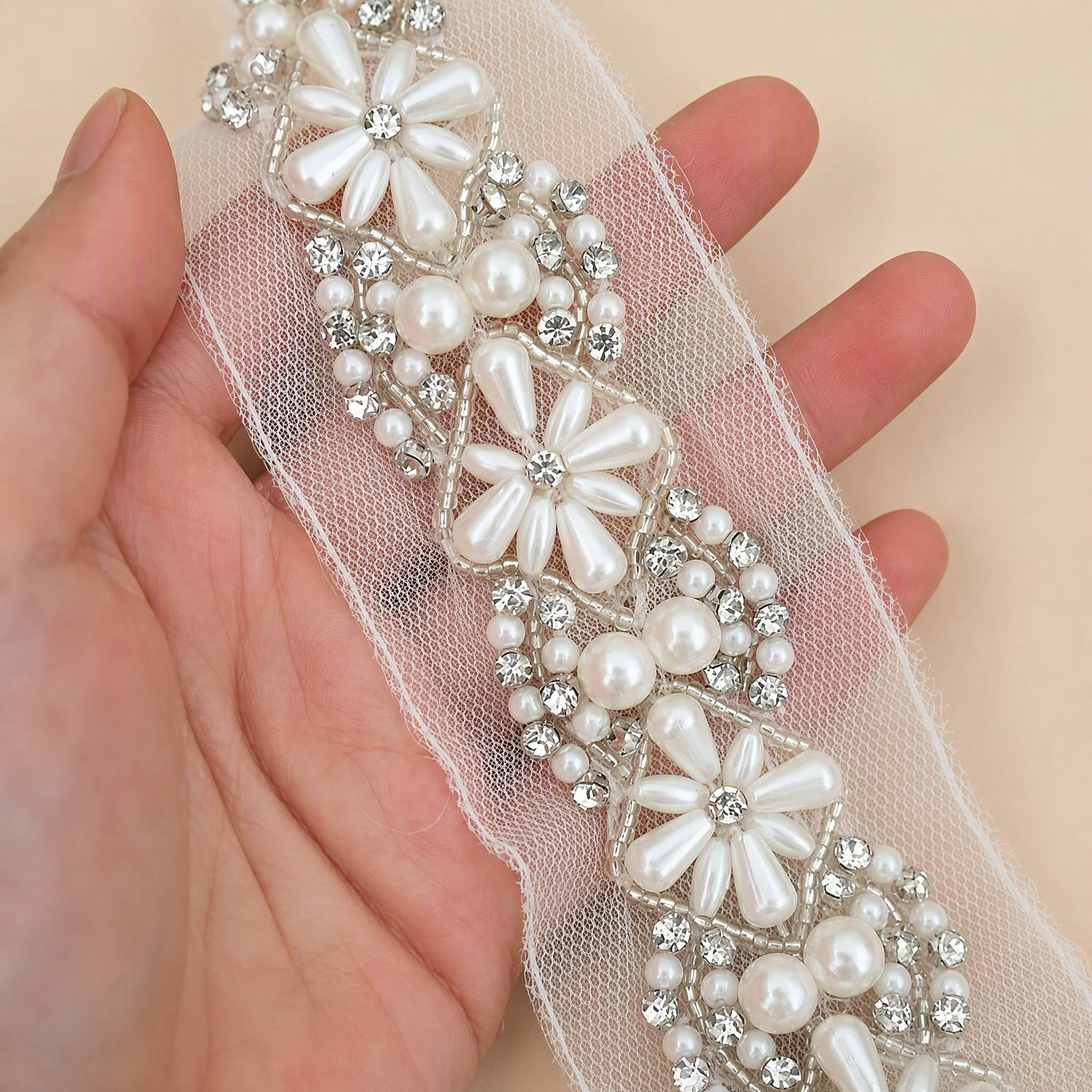 0.5 Meter Beaded Lace Trim for Bridal Neckline Details Width 4 cm BT0024