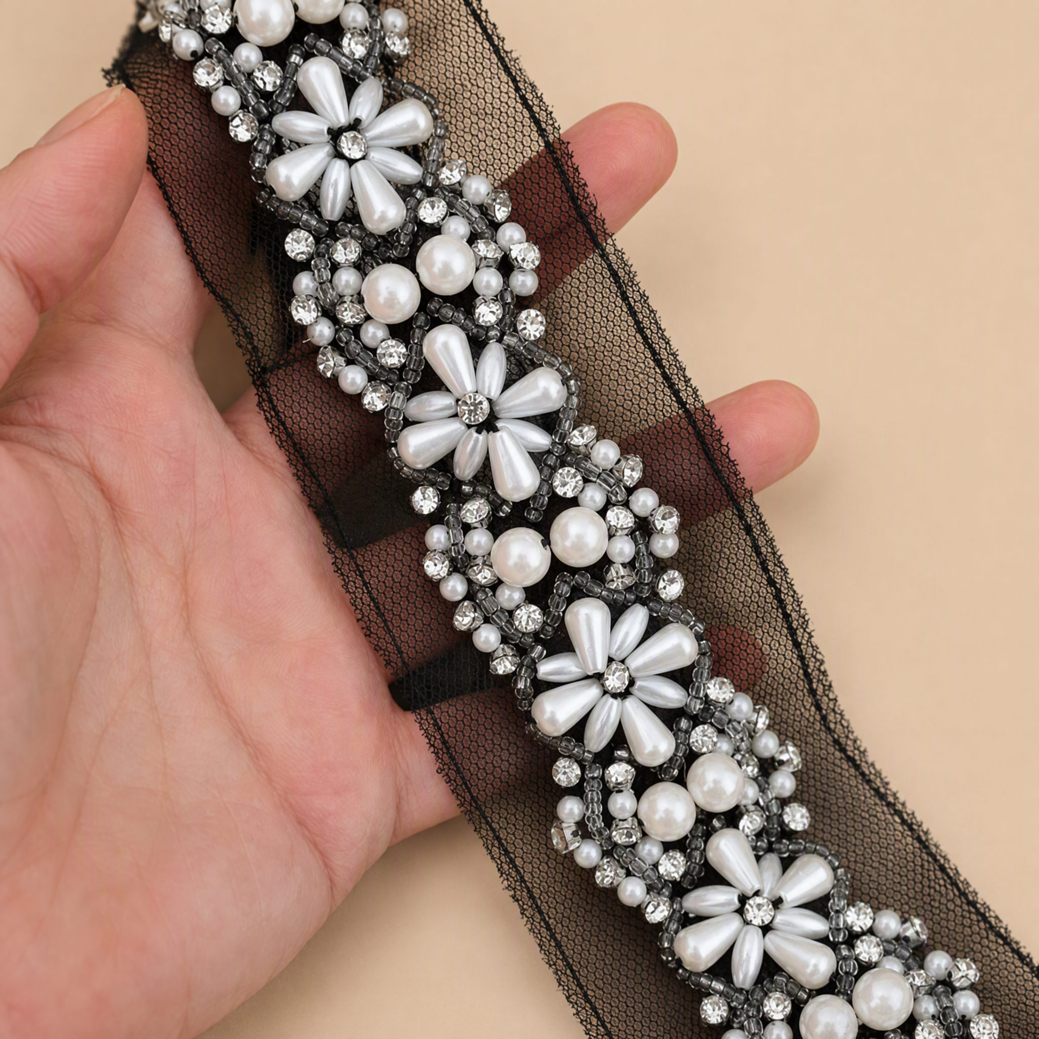 0.5 Meter Beaded Lace Trim for Bridal Neckline Details Width 4 cm BT0024