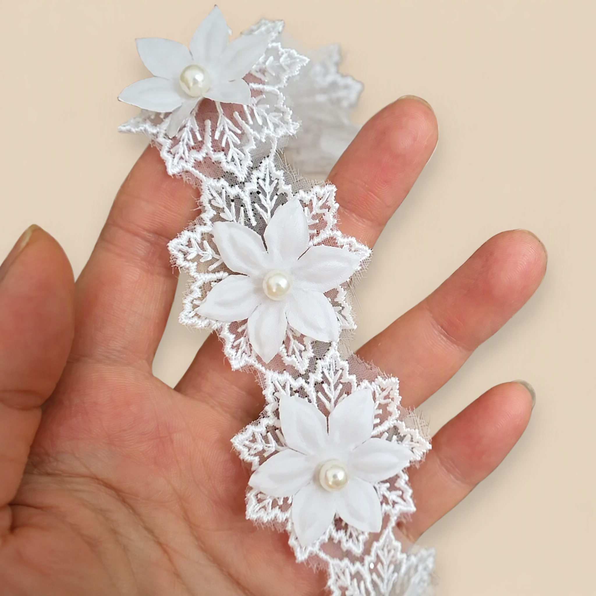 0.5 Meter Beaded Floral Lace Trim for Dress Embellishment Width 3-4 cm BT0086