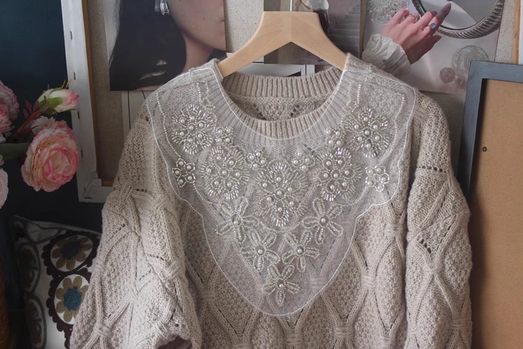 Beads Embroidery Organza Collar Eyelet Fabrics EF0075-Lace Fabric Shop