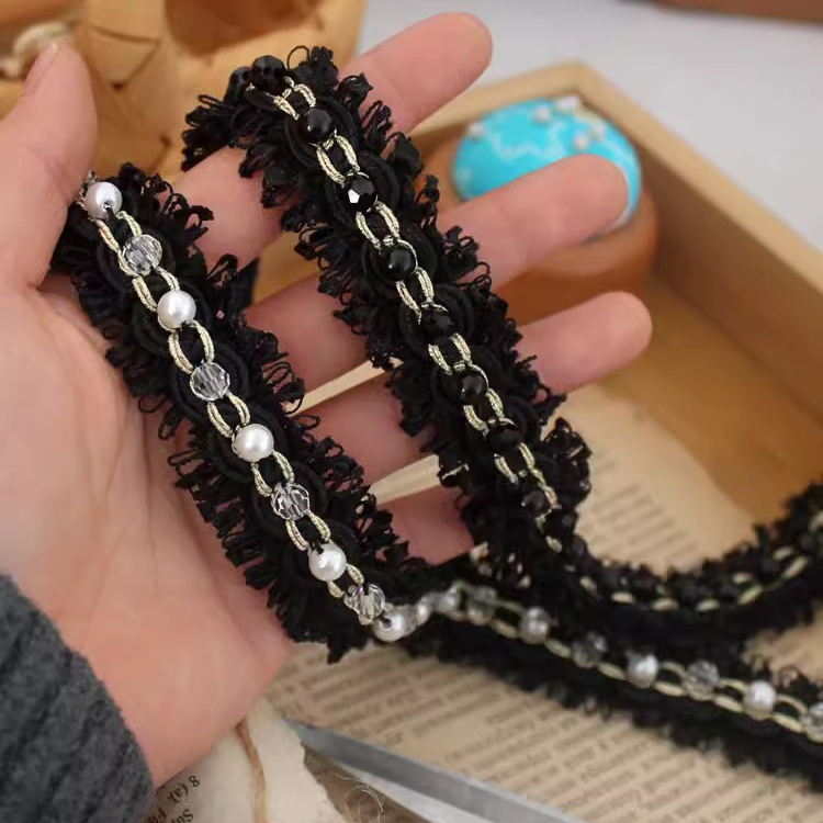 Black Beaded Lace Fabric Trim BT0132