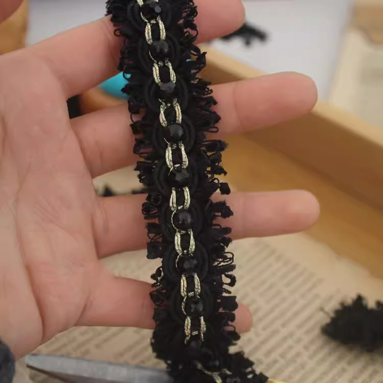 Black Beaded Lace Fabric Trim BT0132