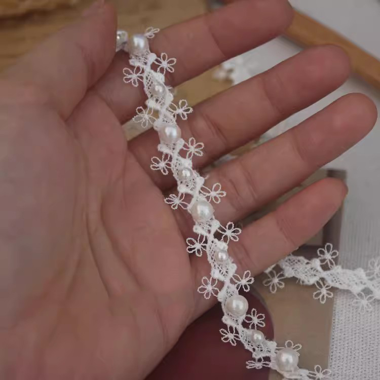 Lace With Pearls White Black Trim BT0131