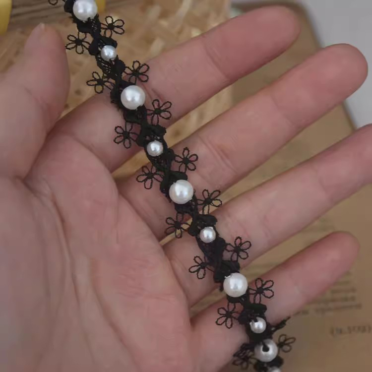 Lace With Pearls White Black Trim BT0131