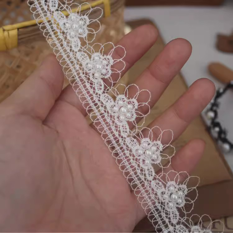 Lace With Pearls White Black Trim BT0131