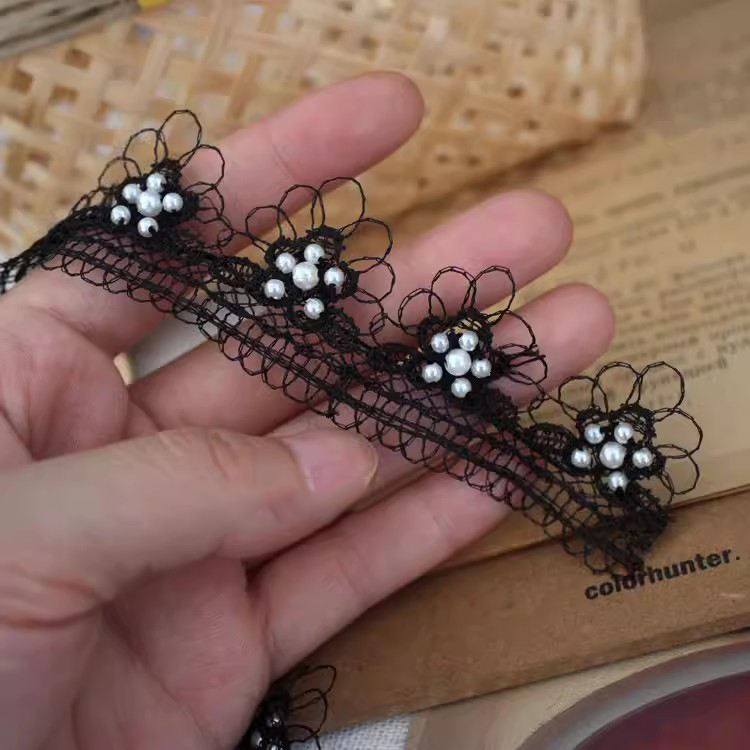 Lace With Pearls White Black Trim BT0131