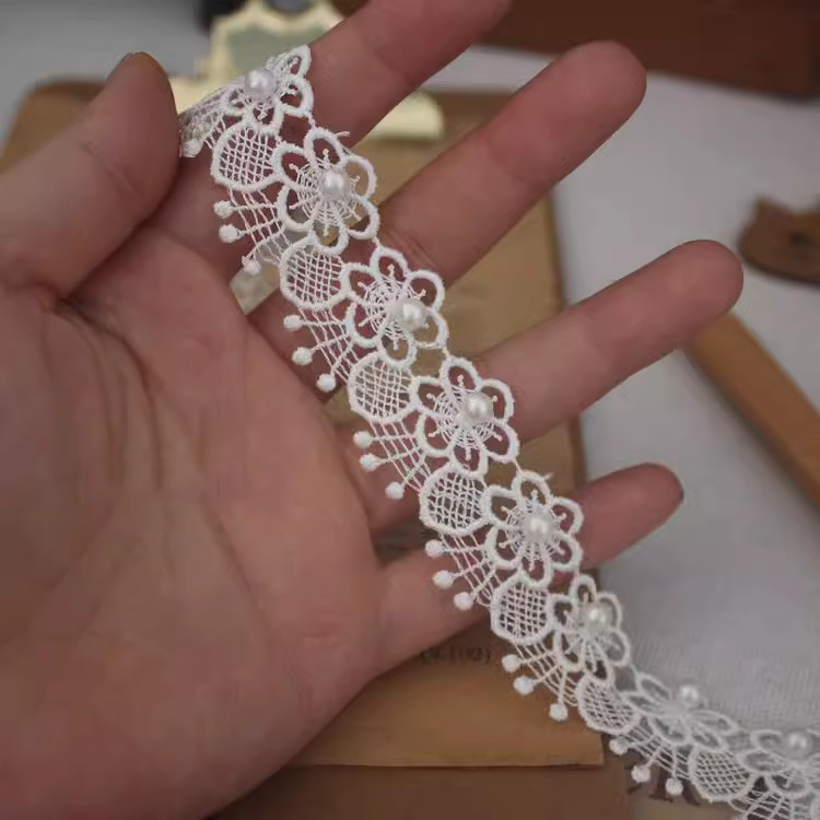 Lace With Pearls White Black Trim BT0131