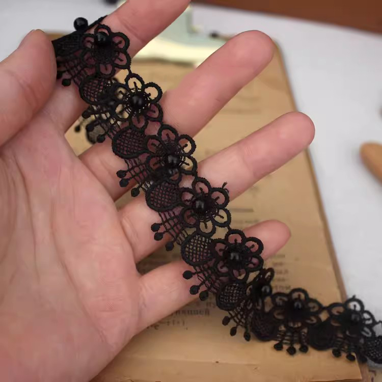 Lace With Pearls White Black Trim BT0131