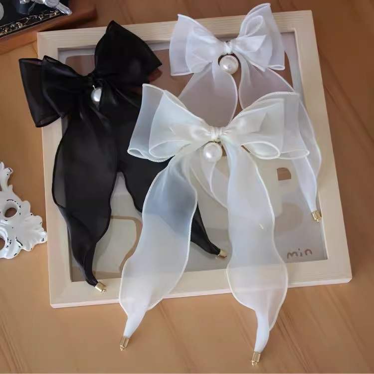 Pearl Beaded Brooch Chiffon Bow Tie BTA0021-Lace Fabric Shop