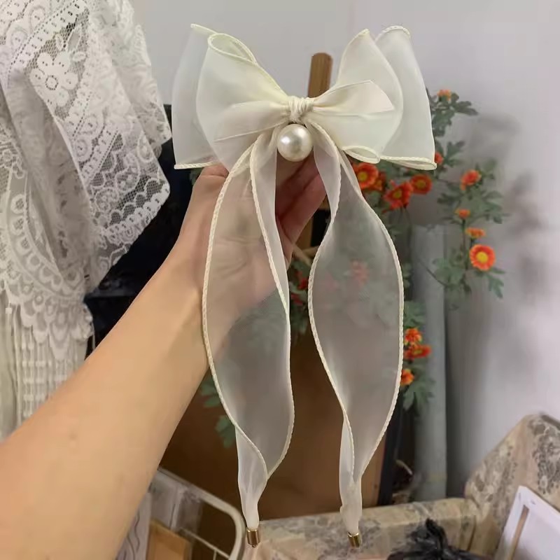 Pearl Beaded Brooch Chiffon Bow Tie BTA0021-Lace Fabric Shop