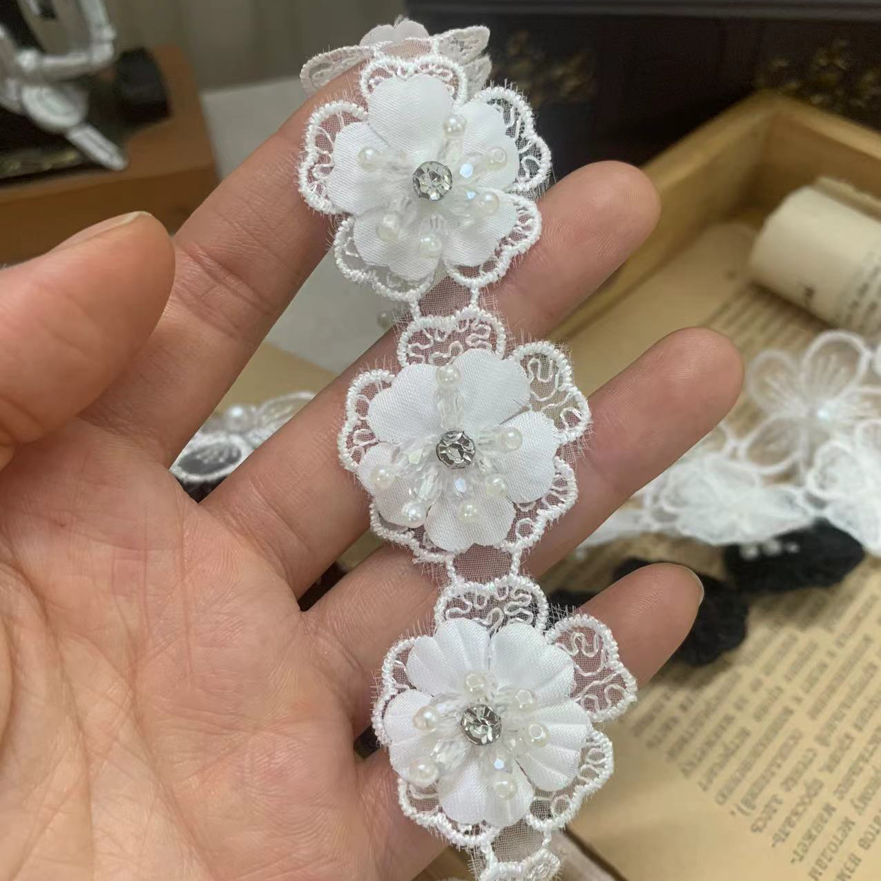 Pearls Beaded Lace Trim Fabric BT0009