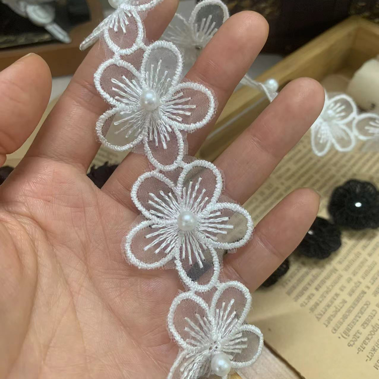 Pearls Beaded Lace Trim Fabric BT0009