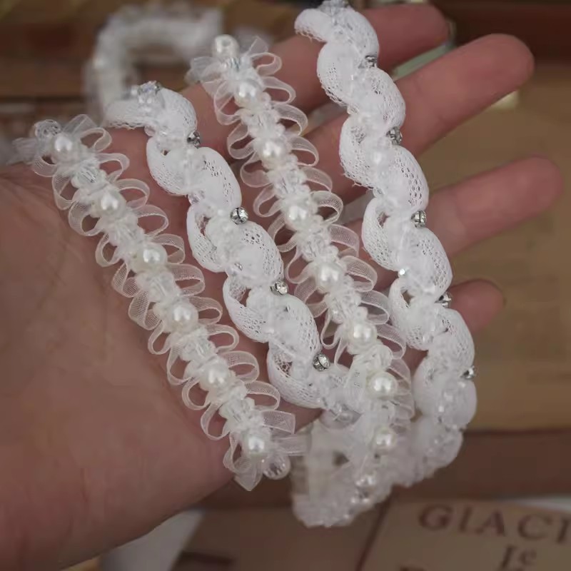 White Beaded Fabric Lace Trim BT0136