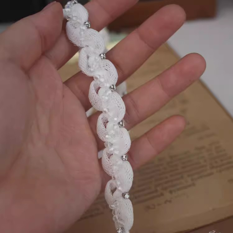 White Beaded Fabric Lace Trim BT0136