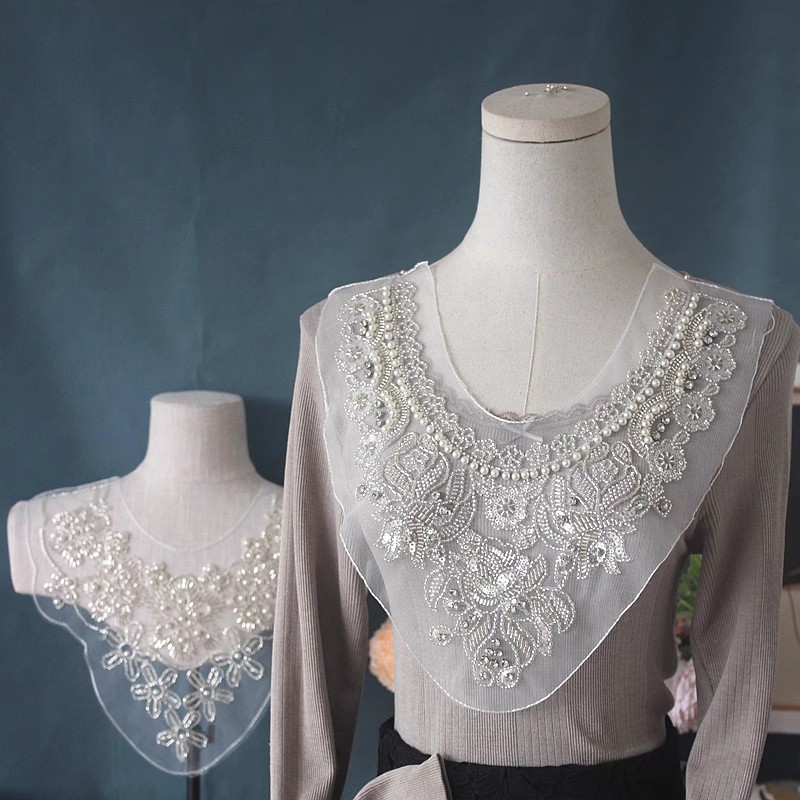 Beads Embroidery Organza Collar Eyelet Fabrics EF0075-Lace Fabric Shop