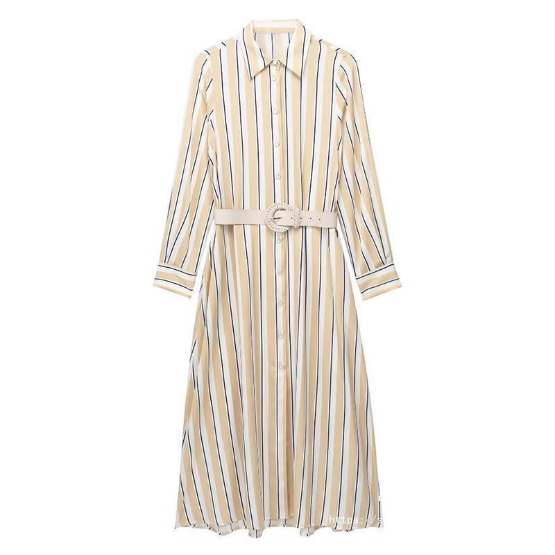 Long Sleeve Khaki Vertical Stripe Belted Midi Shirt Dress