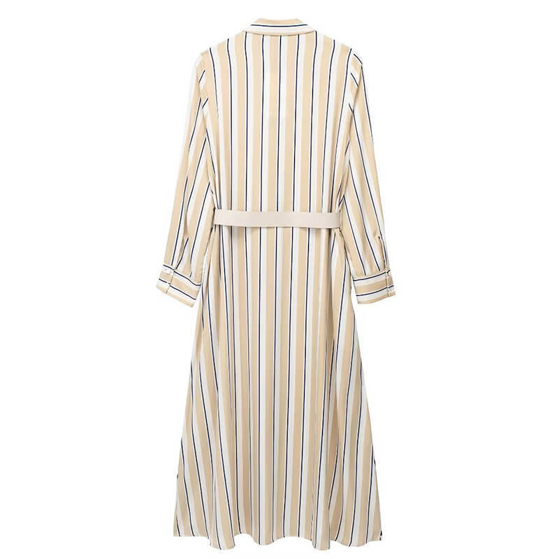 Long Sleeve Khaki Vertical Stripe Belted Midi Shirt Dress