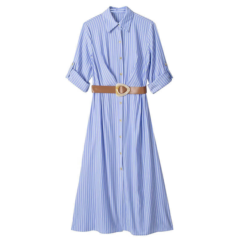 Classical Blue Vertical Stripe Midi Shirt Dress With Belt