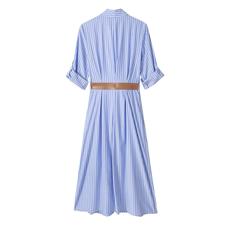 Classical Blue Vertical Stripe Midi Shirt Dress With Belt