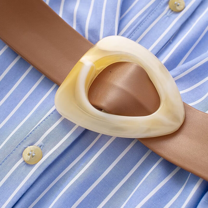 Classical Blue Vertical Stripe Midi Shirt Dress With Belt