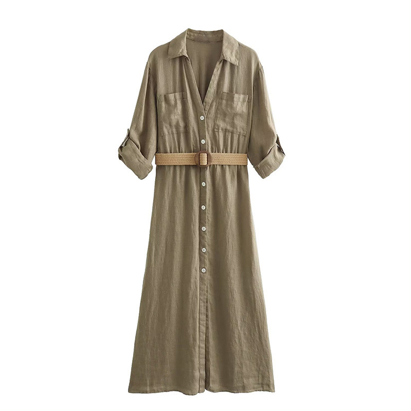 Solid Color Belted Pocket Front Linen Shirt Midi Dress