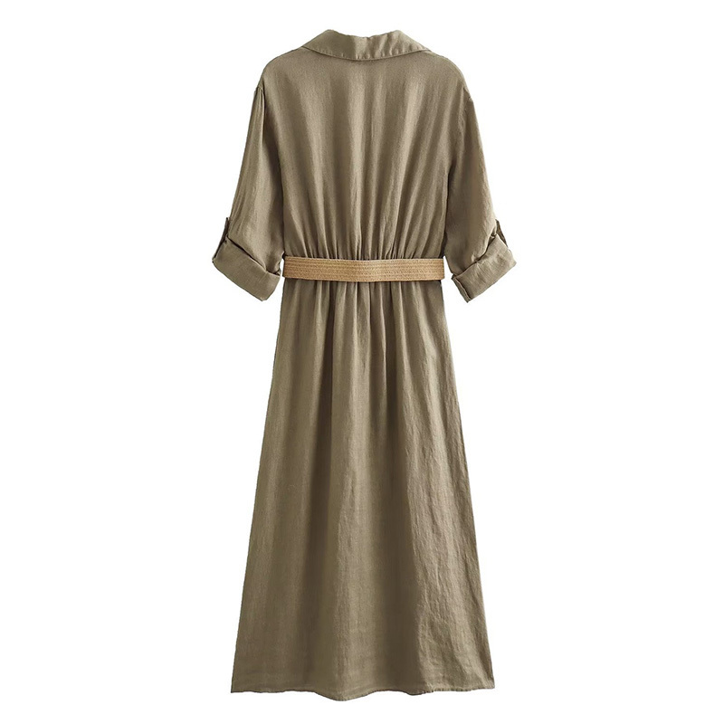 Solid Color Belted Pocket Front Linen Shirt Midi Dress