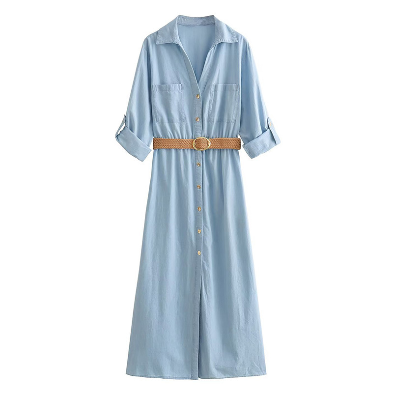 Sky-Blue Pocket Front Shirt Neck Belted Denim Midi Dress
