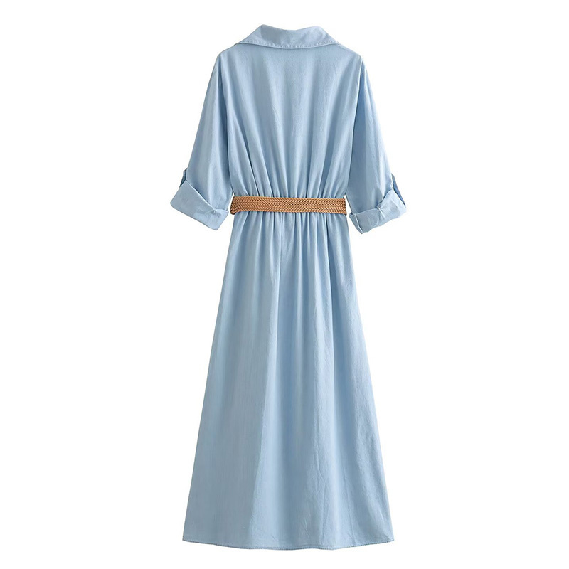 Sky-Blue Pocket Front Shirt Neck Belted Denim Midi Dress